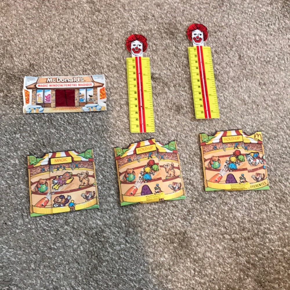 Vintage McDonald’s rulers, magic window and paper fold up circus backsplash